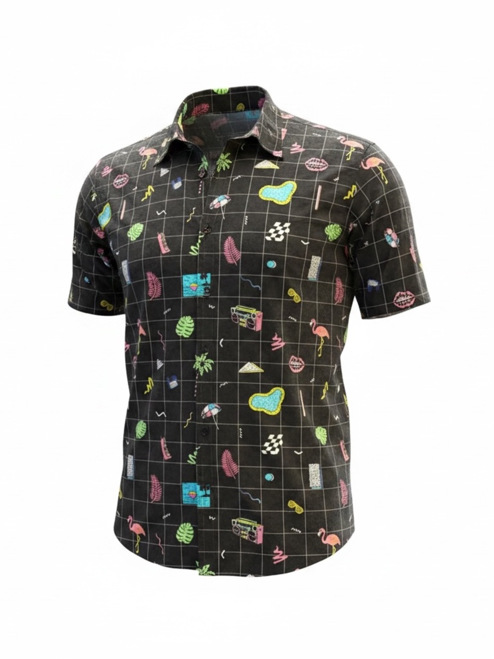 Massive Men's L Black/Multicolor Flamingo Graphic Cotton Button-Up Shirt Pockets